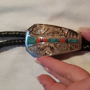 Silver turquoise Indian art neck tie
